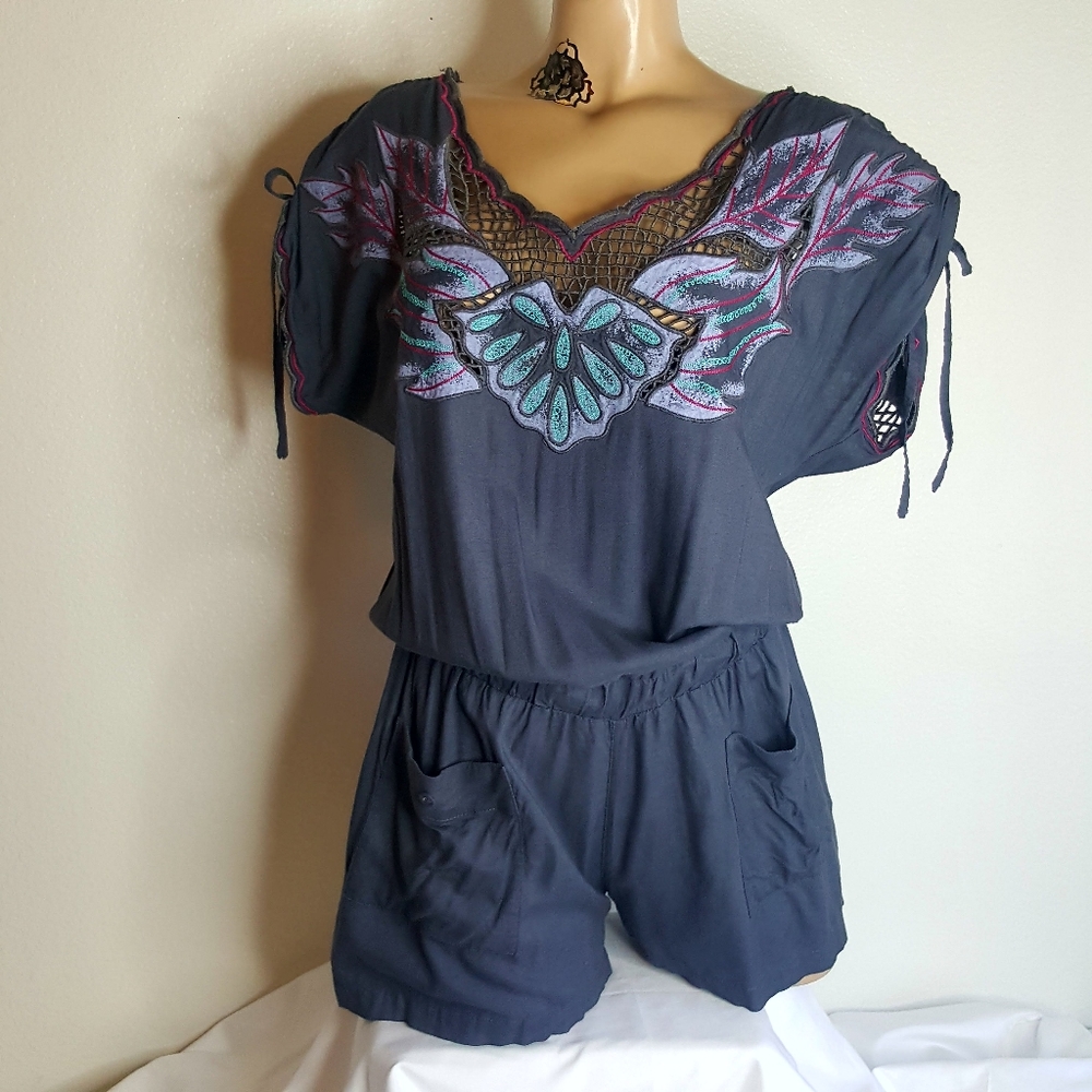 Sweet by Miss Me embroidered crocheted romper XS